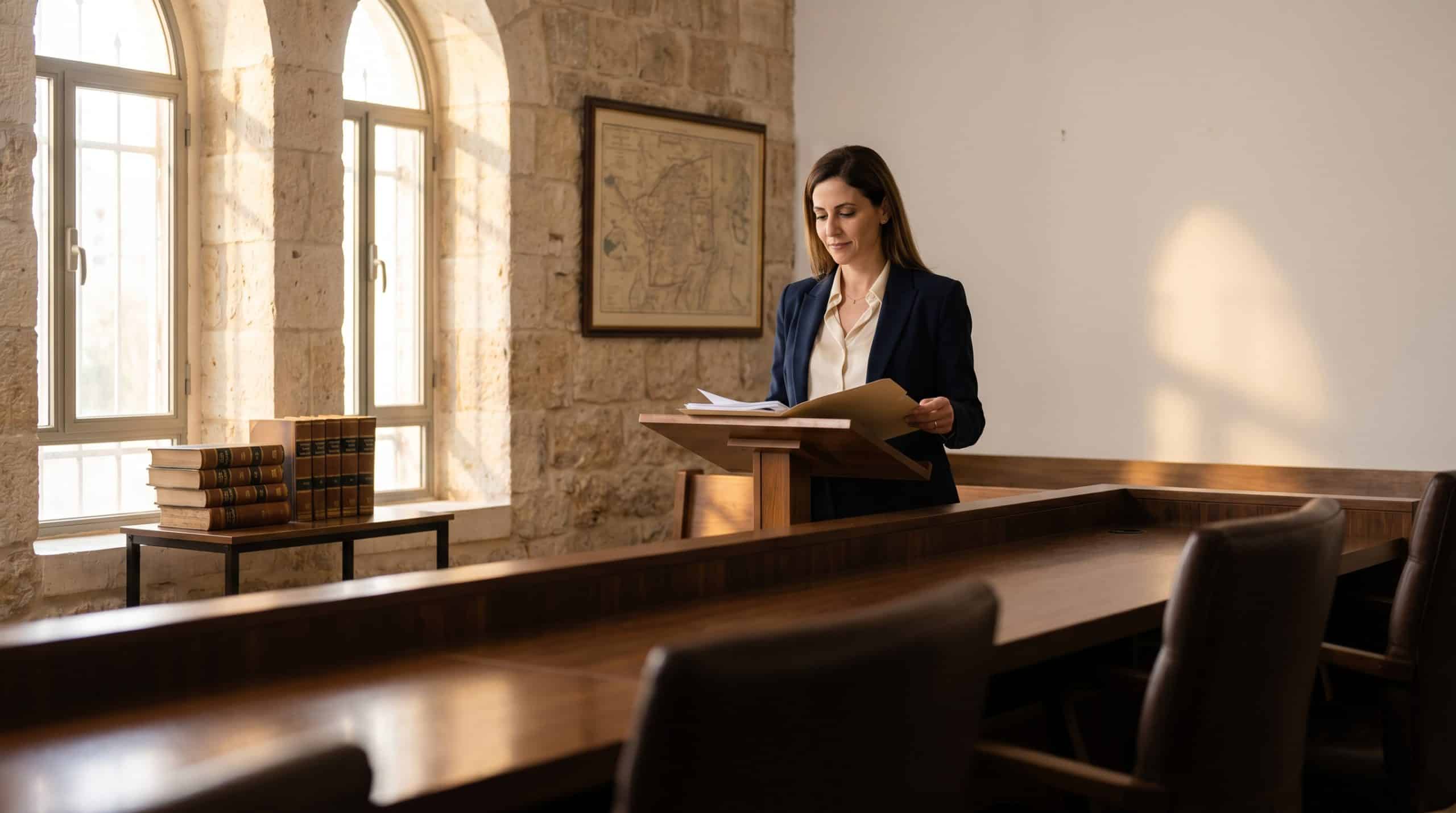 זוג יושב באולם דיונים בהליך גירושין מול עורכי דין